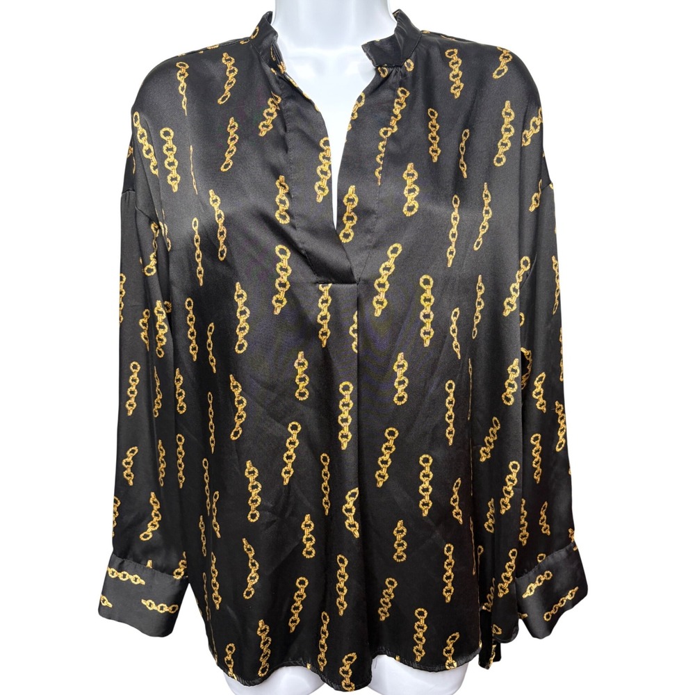 ZARA Black Gold Chain Print Satin V-Neck Blouse Sz L Academia Baroque‎ Luxe